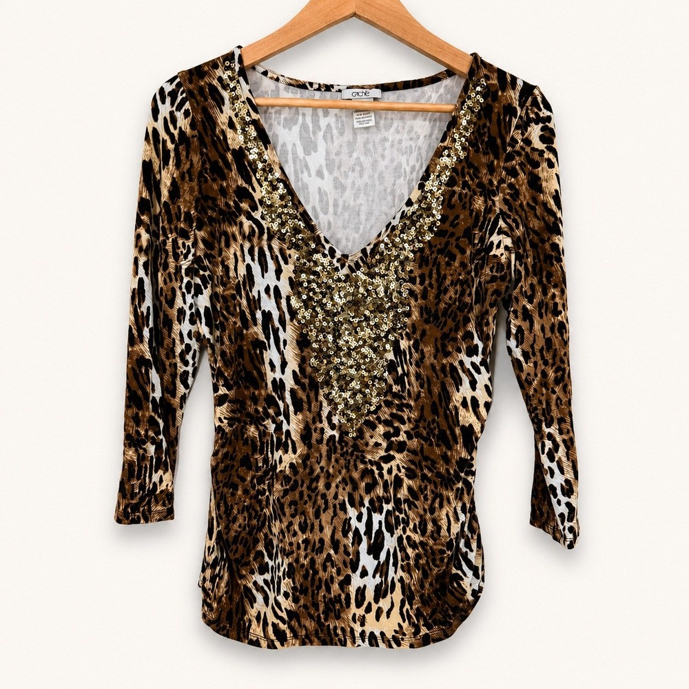 Y2K Cache Small Top Leopard Print V-Neck Sequin 3/4 Sleeve Mob Wife Diva Glam